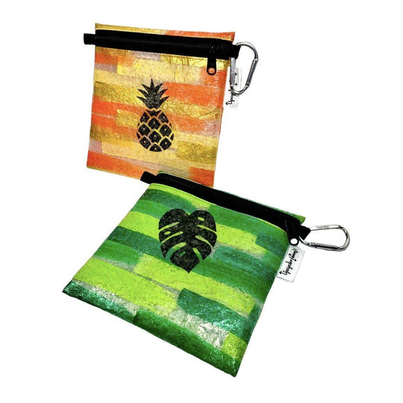 FPZPLS- Pineapple and Monstera Painted Plastics Upcycle Hawaii Hand painted Fused Plastic Zipper Pouches Upcycled reclaimed Made in Hawaii